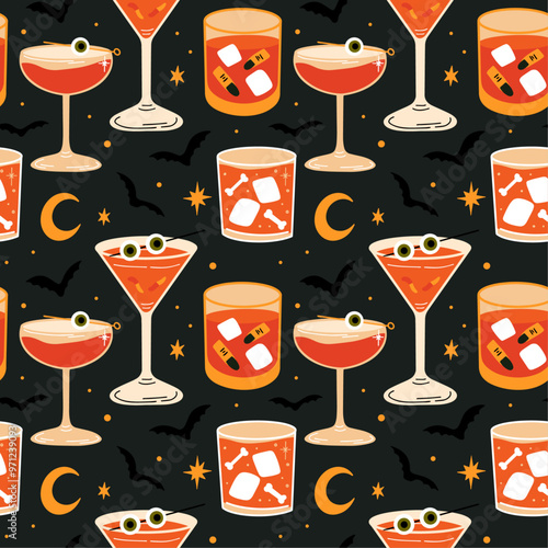 Halloween themed spooky vector seamless pattern design with party alcohol cocktails, drinks, bats illustration in flat cartoon retro groovy funky style, decoration, bar menu, background