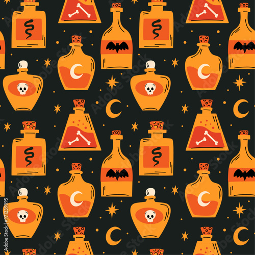 Halloween themed spooky vector seamless pattern design with potion glass corked bottle, apothecary jars, poison flask illustration in flat cartoon retro groovy funky style, party decoration background