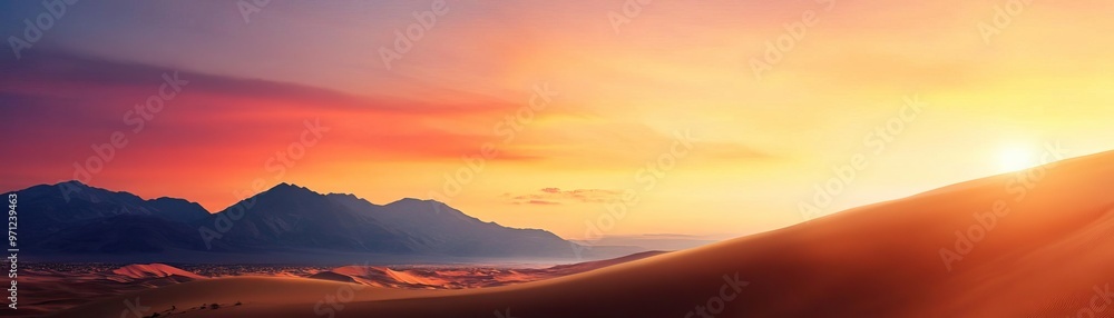A breathtaking view of a serene sunset over mountain peaks, illuminating the vast desert landscape in warm hues. A breathtaking view of a serene sunset over mountain peaks, illuminating the vast desert landscape in warm hues.