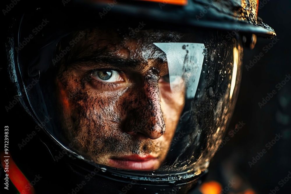 A close-up of a determined firefighter's face, covered in soot and grime, showcasing bravery and resilience in challenging environments. A close-up of a determined firefighter's face, covered in soot and grime, showcasing bravery and resilience in challenging environments.
