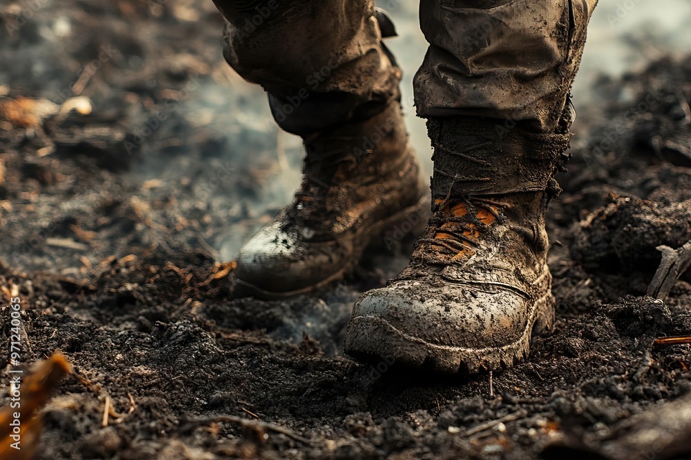 A close-up of muddy military boots standing firmly on wet, dark soil, showcasing resilience and ruggedness in an outdoor environment. A close-up of muddy military boots standing firmly on wet, dark soil, showcasing resilience and ruggedness in an outdoor environment.