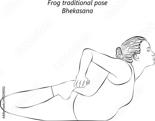 Sketch of young woman practicing Bhekasana yoga pose. Frog tradidion pose. Intermediate Difficulty. Isolated vector illustration.