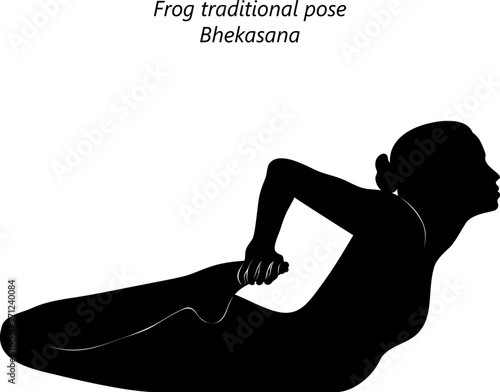 Silhouette of young woman practicing Bhekasana yoga pose. Frog tradidion pose. Intermediate Difficulty. Isolated vector illustration