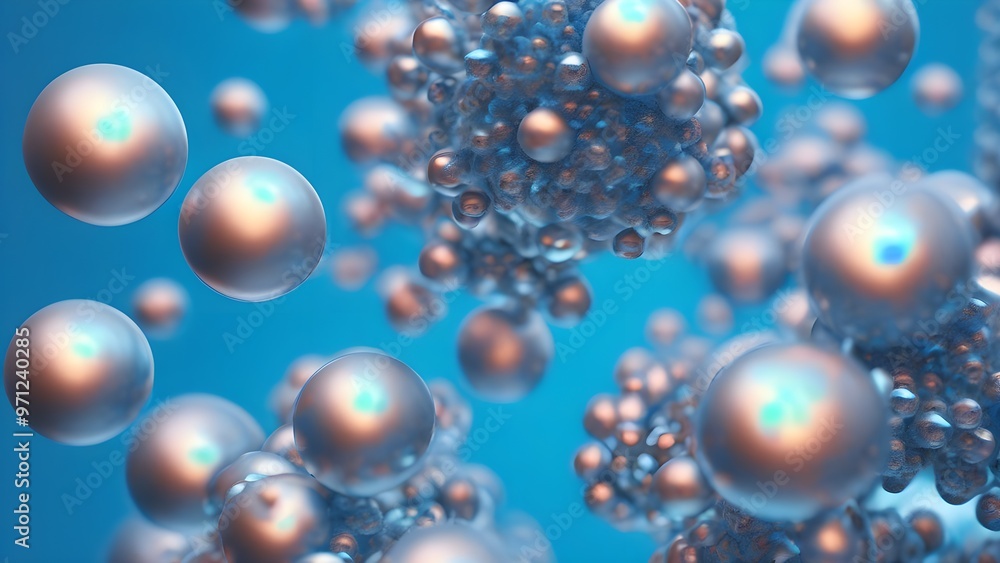Holographic atoms floating in a blue background Holographic atoms floating in a blue background