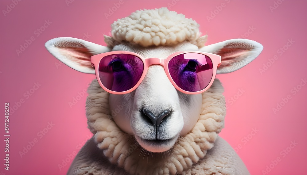 : A delightful image featuring a sheep wearing trendy pink sunglasses, perfectly set against a soft pink background animal : A delightful image featuring a sheep wearing trendy pink sunglasses, perfectly set against a soft pink background animal