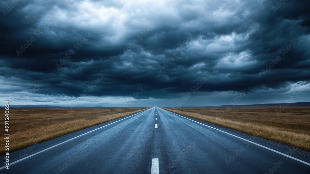 Naklejka premium Highway leading into a stormy horizon, representing the journey through challenges and uncertainties, Stormy Highway, Dramatic Adventure