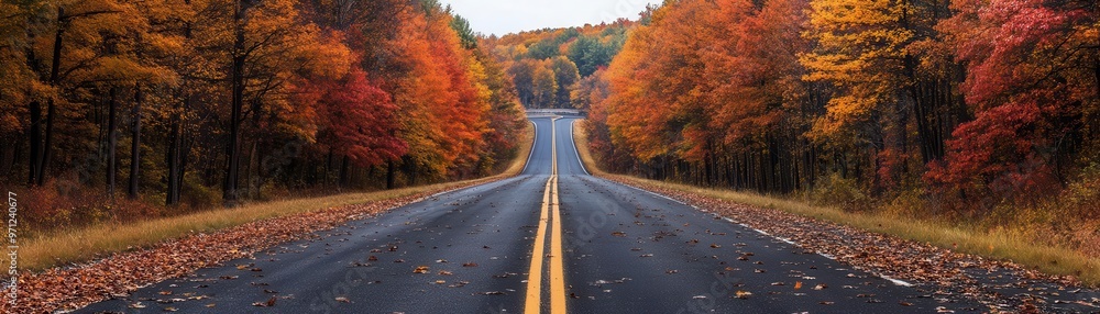 Highway bordered by autumn trees with leaves falling, capturing the beauty of a seasonal journey, Autumn Highway, Fall Exploration Highway bordered by autumn trees with leaves falling, capturing the beauty of a seasonal journey, Autumn Highway, Fall Exploration