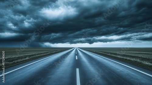 Highway leading into a stormy horizon, representing the journey through challenges and uncertainties, Stormy Highway, Dramatic Adventure