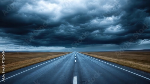 Highway leading into a stormy horizon, representing the journey through challenges and uncertainties, Stormy Highway, Dramatic Adventure