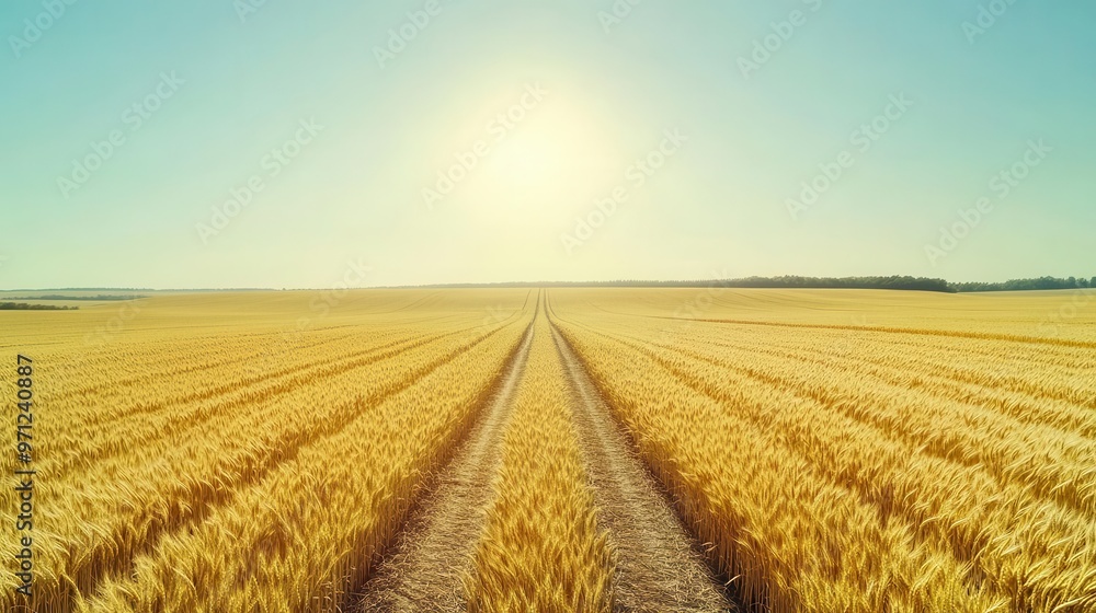 Highway through golden wheat fields under a bright sun, representing a journey through bountiful lands, Wheat Field Highway, Harvest Journey Highway through golden wheat fields under a bright sun, representing a journey through bountiful lands, Wheat Field Highway, Harvest Journey