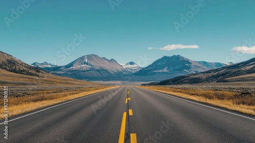 Highway stretching towards a distant mountain range under a clear sky, representing the call of the wild, Mountain Highway, Wilderness Exploration