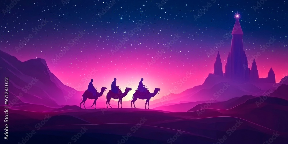 Naklejka premium The Three Magic King of Orient riding camels , The Three Wise Men Illustration, Melchior, Caspar and Balthasar, Epiphany Celebration, christmas card wallpaper banner