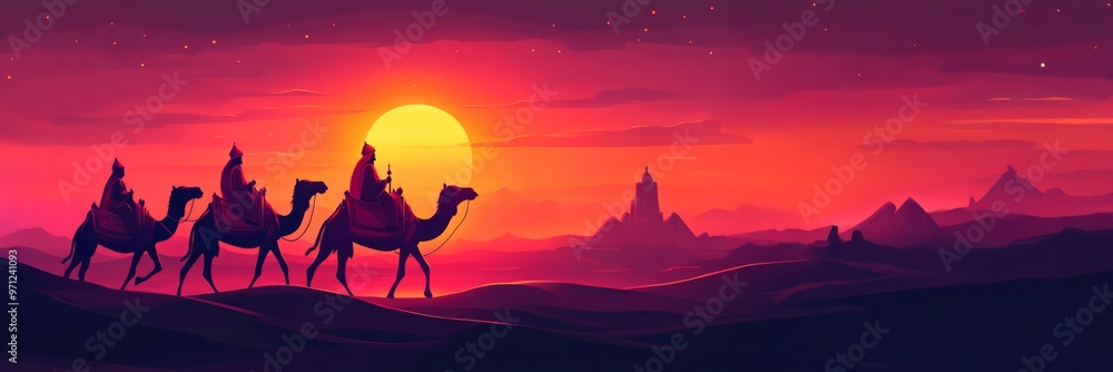 Fototapeta premium The Three Magic King of Orient riding camels , The Three Wise Men Illustration, Melchior, Caspar and Balthasar, Epiphany Celebration, christmas card wallpaper banner