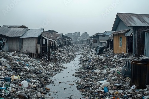 A desolate scene showcasing a slum area filled with garbage and debris, highlighting urban decay and environmental issues. photo