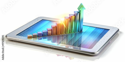 Wallpaper Mural 3D Tablet with Holographic Financial Arrows on Glossy Surface - Representing Growth, Savings, and Profits with Ample Copy Space for Branding. Torontodigital.ca