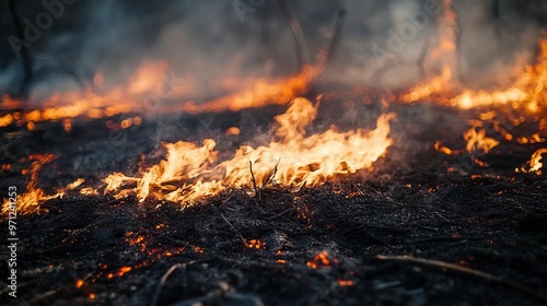 A dramatic scene of fire spreading across a dry landscape, highlighting the intensity and dangers of wildfires.