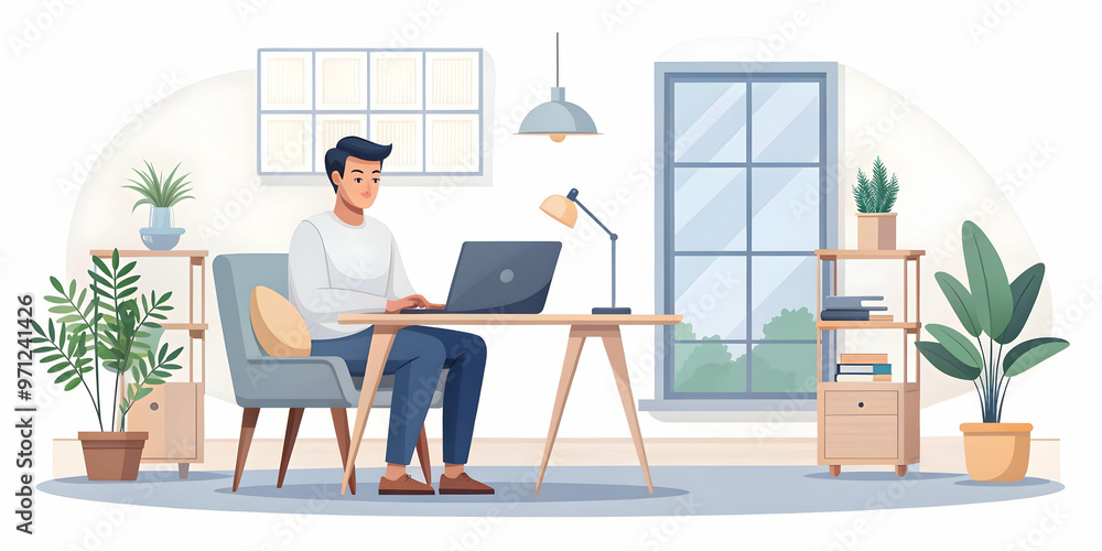 Flat Candid Home Office Work: Freelancer Managing Savings & Profits in a Cozy Workspace - Warm Natural Lighting & Personal Touches in Vector Illustration Flat Candid Home Office Work: Freelancer Managing Savings & Profits in a Cozy Workspace - Warm Natural Lighting & Personal Touches in Vector Illustration
