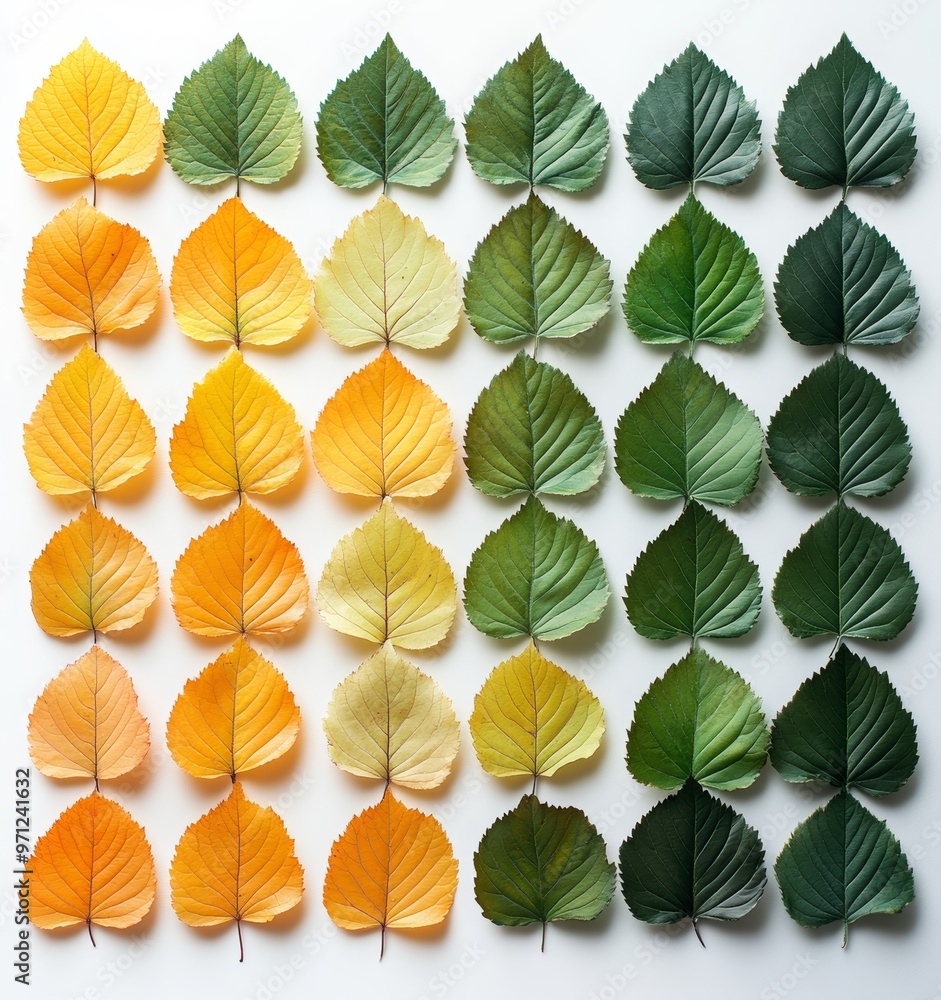 pattern with green and yellow autumn leaves neatly aligned on white background pattern with green and yellow autumn leaves neatly aligned on white background