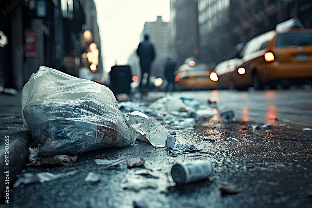 Obraz premium A gritty urban street scene featuring litter and waste, capturing the essence of city life and environmental challenges.