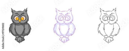 Owl, colorful and line icons set. Traditional halloween mystic symbol, predatory night bird. Vector flat icon, monochrome purple, color, outline illustration. For logo, sticker, coloring book, label