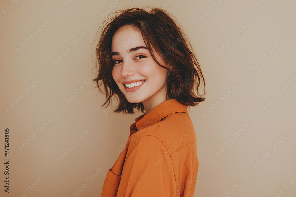 Side view of smiling young Caucasian woman wearing orange shirt looking at camera isolated on plain pastel beige studio background. Lifestyle concept Side view of smiling young Caucasian woman wearing orange shirt looking at camera isolated on plain pastel beige studio background. Lifestyle concept