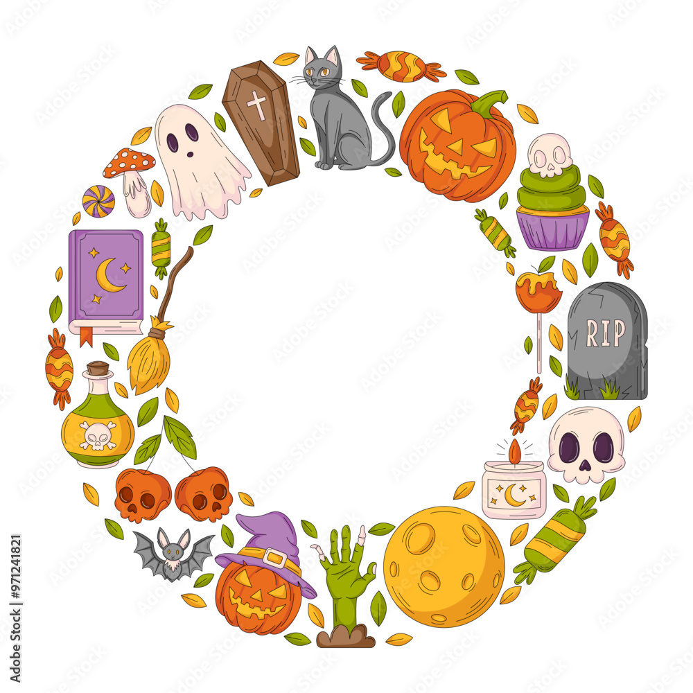 Fototapeta premium Halloween vector design, round frame with space for text in the middle. Geometric composition with spooky, scary icons. Flat illustration for greeting card, invitation, print, social media, poster