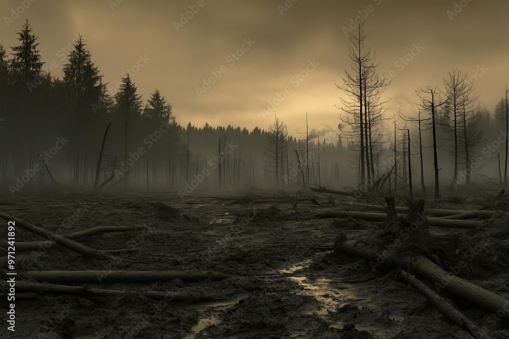 A hauntingly atmospheric scene of a foggy forest, featuring dark silhouettes of trees and a mysterious, muted sky. A hauntingly atmospheric scene of a foggy forest, featuring dark silhouettes of trees and a mysterious, muted sky.