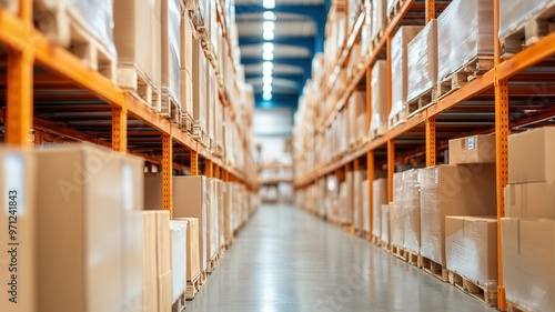 A wide view of a storage warehouse filled with stacked boxes on shelves, showcasing organized logistics and inventory management.