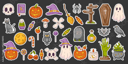 Halloween colorful sticker set, vector illustration. October scary, spooky collection. Pumpkin, sweets, ghost, spell book, witch hat, skull, bones, zombie hand. For print, scrapbooking, web design