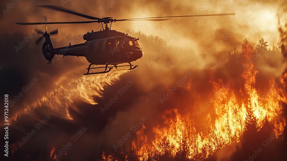 A helicopter flies over a raging wildfire, showcasing the fight against nature's fury in dramatic lighting and thick smoke. A helicopter flies over a raging wildfire, showcasing the fight against nature's fury in dramatic lighting and thick smoke.