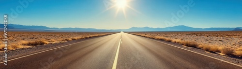 Endless highway stretching across a dry, cracked landscape under a blazing sun, emphasizing the harsh beauty of the journey, Arid Highway, Extreme Exploration photo