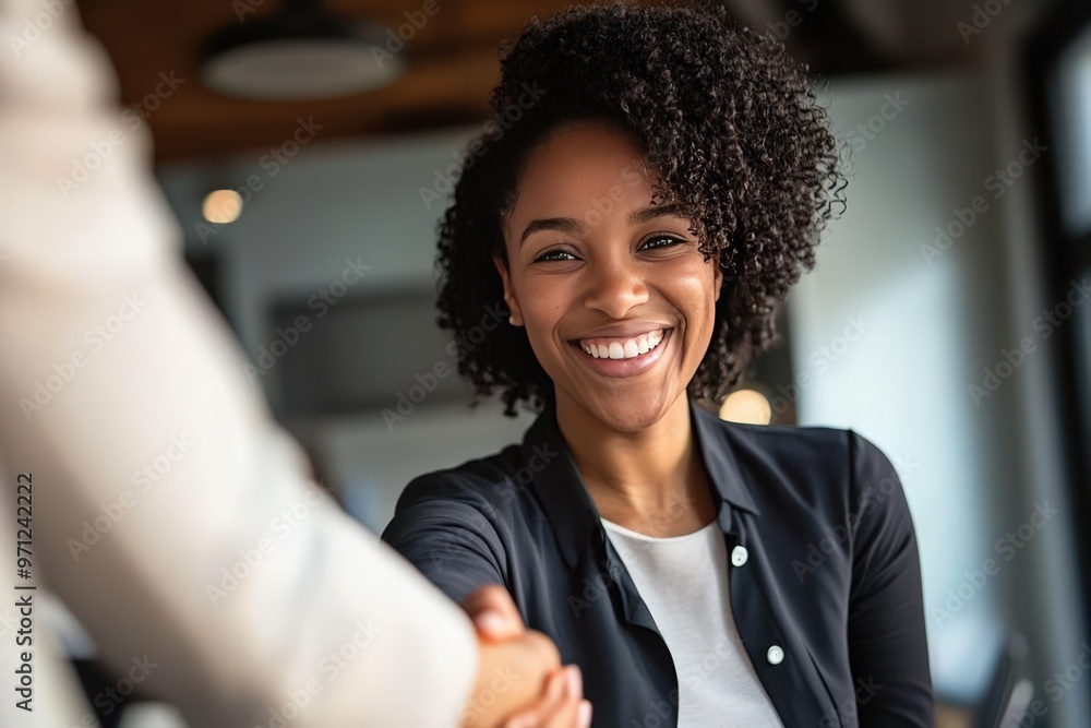 Business interaction captured as a smiling handshake at an office, symbolizing successful recruitment or partnership. Business interaction captured as a smiling handshake at an office, symbolizing successful recruitment or partnership.