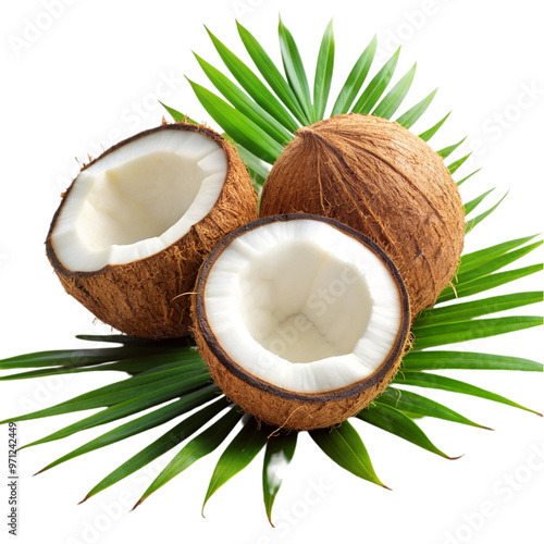 Coconuts with leaves Isolated on transparent background.