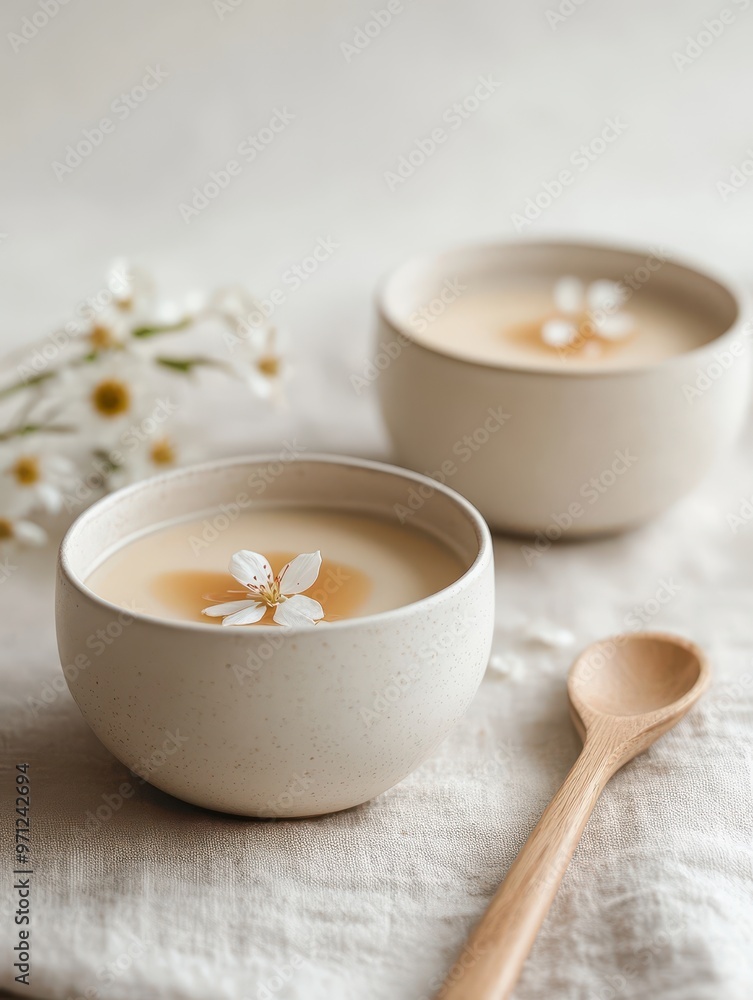 Two bowls of creamy dessert with delicate flowers, accompanied by a wooden spoon. Two bowls of creamy dessert with delicate flowers, accompanied by a wooden spoon.