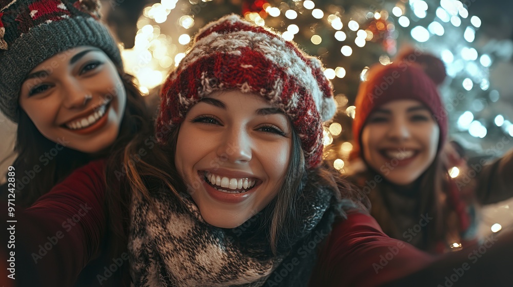 Group of Friends Taking a Christmas Selfie in Front of a Decorated Tree Group of Friends Taking a Christmas Selfie in Front of a Decorated Tree
