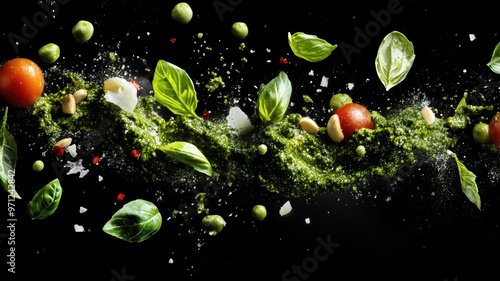 Fresh Basil Pesto Ingredients in Mid-Air, Featuring Basil Leaves, Cherry Tomatoes, Pine Nuts, Parmesan, and Garlic on a Dark Background