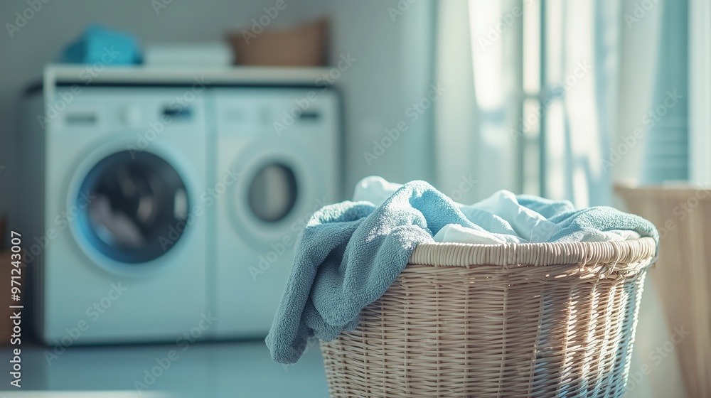 Cozy laundry room scene featuring a wicker basket full of fresh towels and a washing machine in bright morning light Cozy laundry room scene featuring a wicker basket full of fresh towels and a washing machine in bright morning light
