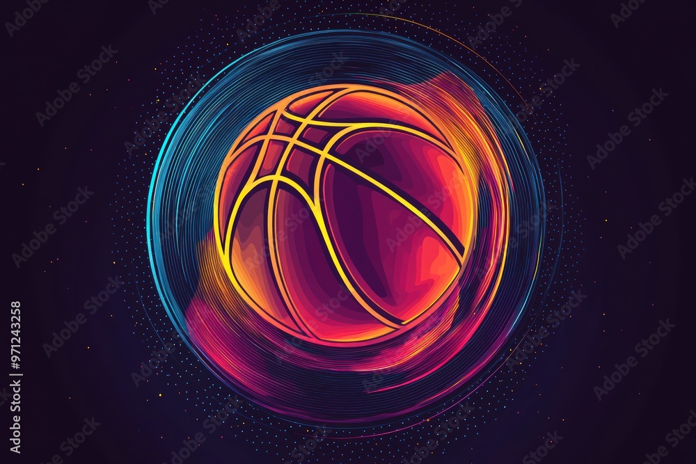 Chic retro basketball t-shirt design with eye-catching neon vector art encased in a circular frame against a black backdrop. Chic retro basketball t-shirt design with eye-catching neon vector art encased in a circular frame against a black backdrop.