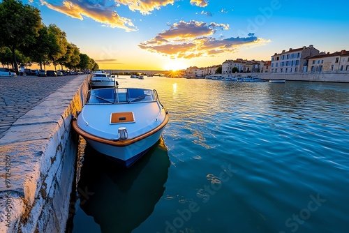 A peaceful stroll along the RhÃ´ne River in Arles, with boats gently bobbing in the water and the sun setting behind the city photo