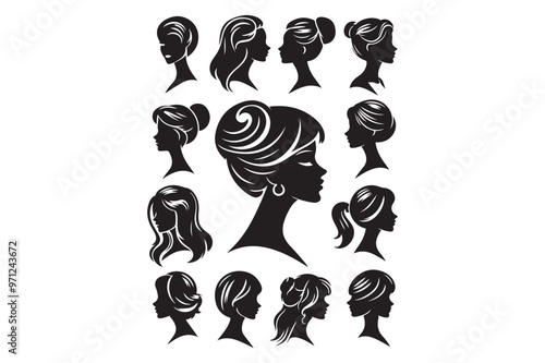 Female Profiles, Different Hairstyles, Cameo Silhouette, Woman Head Icon 15.eps