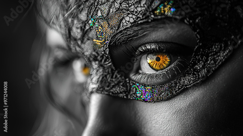 a woman with beautiful vivid emroidered mask on her blind eye, black and white  photo