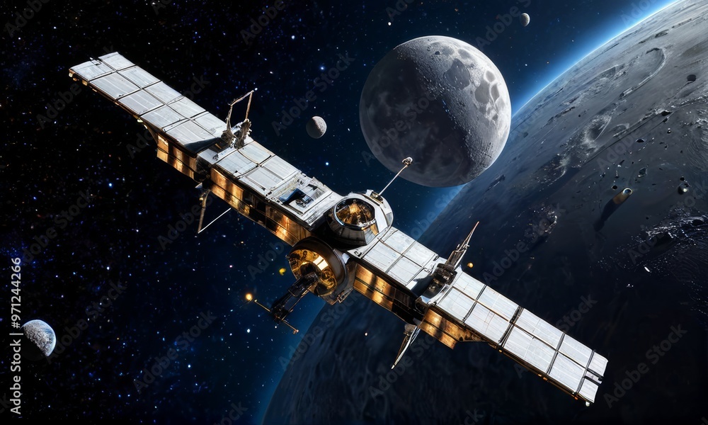 Advanced Space Station Orbiting the Moon In Galaxy Advanced Space Station Orbiting the Moon In Galaxy