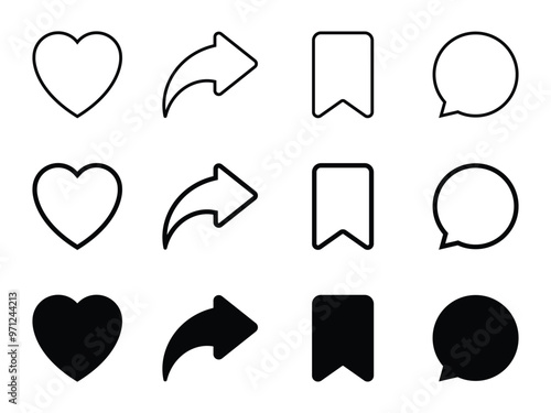 set of share, save, love and comment icons with different width isolaed on white background 