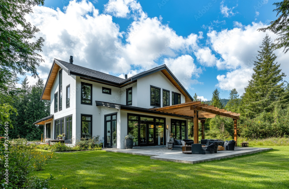 a modern rustic home with a large wooden gazebo and outdoor seating area, green grass in the front yard, a blue sky, forest trees, white walls, a black roof, wood accents, a stone fireplace, and luxur a modern rustic home with a large wooden gazebo and outdoor seating area, green grass in the front yard, a blue sky, forest trees, white walls, a black roof, wood accents, a stone fireplace, and luxur
