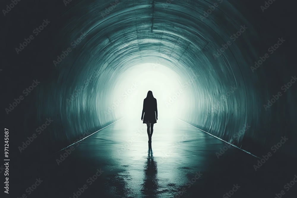 A figure walking into a tunnel where light fades into darkness, uncertainty, unknown future A figure walking into a tunnel where light fades into darkness, uncertainty, unknown future