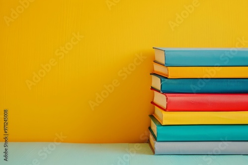 A stack of books on a yellow background