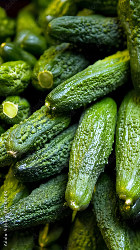 Closeup of fresh green Goya or Bitter melon, healthy exotic food, delicious vegetable fruit Closeup of fresh green Goya or Bitter melon, healthy exotic food, delicious vegetable fruit