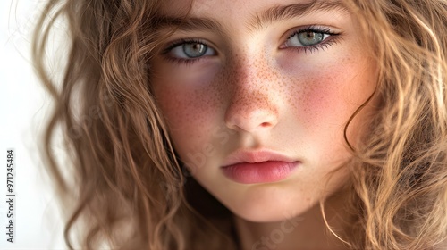 Close-up Portrait of Young Woman with Freckles and Wavy Hair.