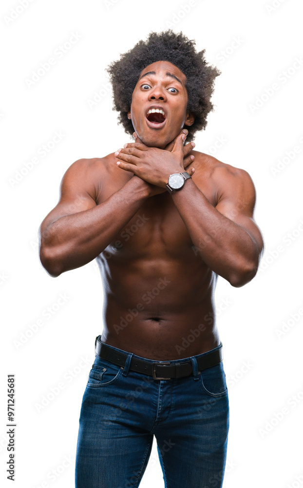 Fototapeta premium Afro american shirtless man showing nude body over isolated background shouting and suffocate because painful strangle. Health problem. Asphyxiate and suicide concept.