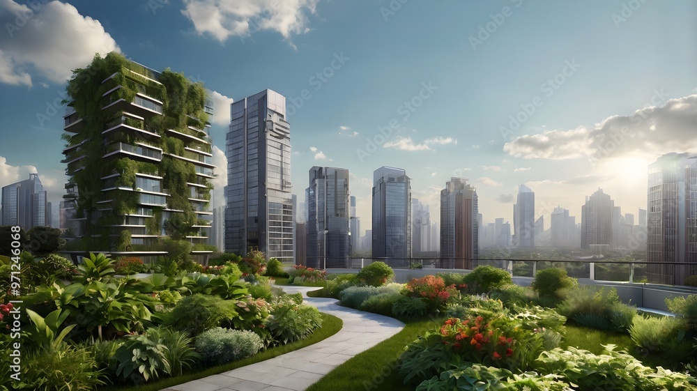 Fototapeta premium view of multi-storey buildings, showing trees, gardens and blue sky. generative ai